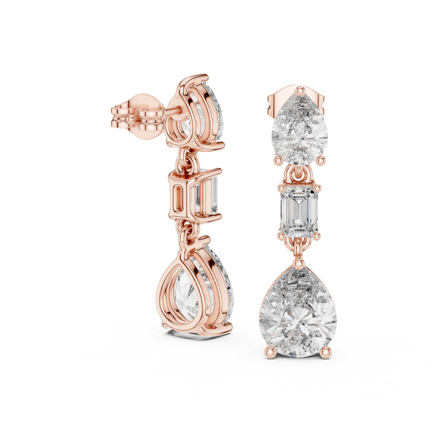 Three-stone dangle diamond earrings for bridal and wedding wear side profile