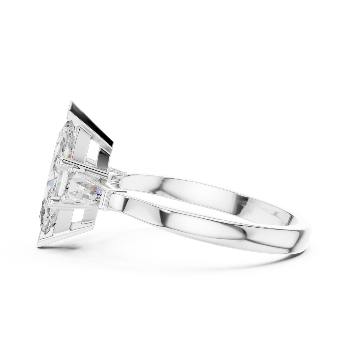 Three Stone Marquise Diamond Engagement Ring stacked with matching eternity wedding band creating complete bridal set ensemble crafted in solid 14k gold for romantic proposal gift.

