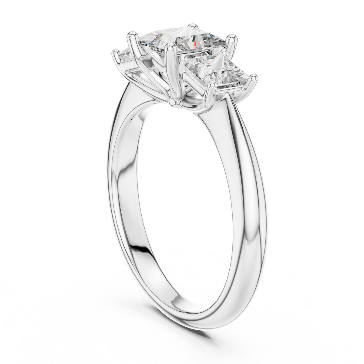 Three Stone Princess Cut Diamond Ring in soft studio light showing pristine mirror polish metal craftsmanship and fire sparkle from lab grown diamonds.

