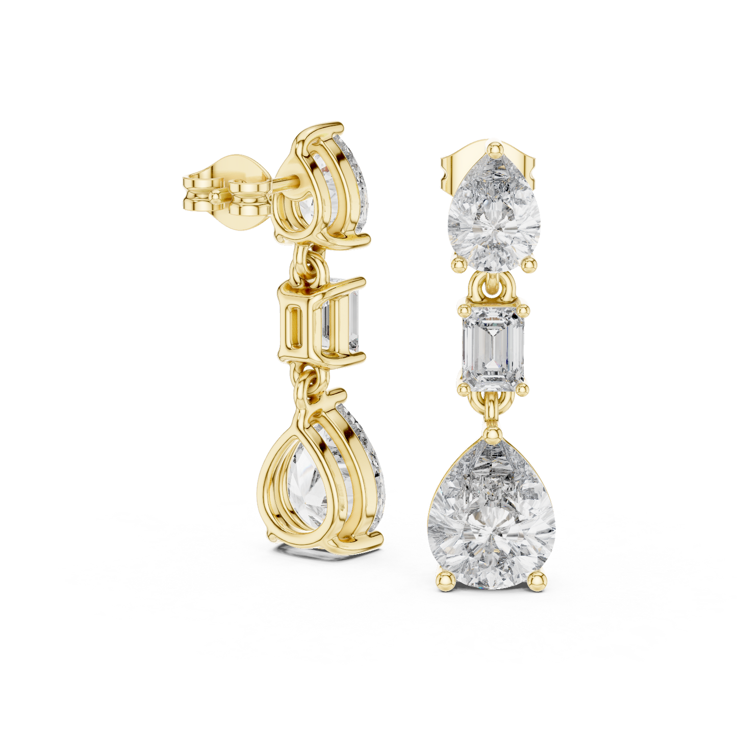 Three stone cascade diamond drop earrings in gold render reference