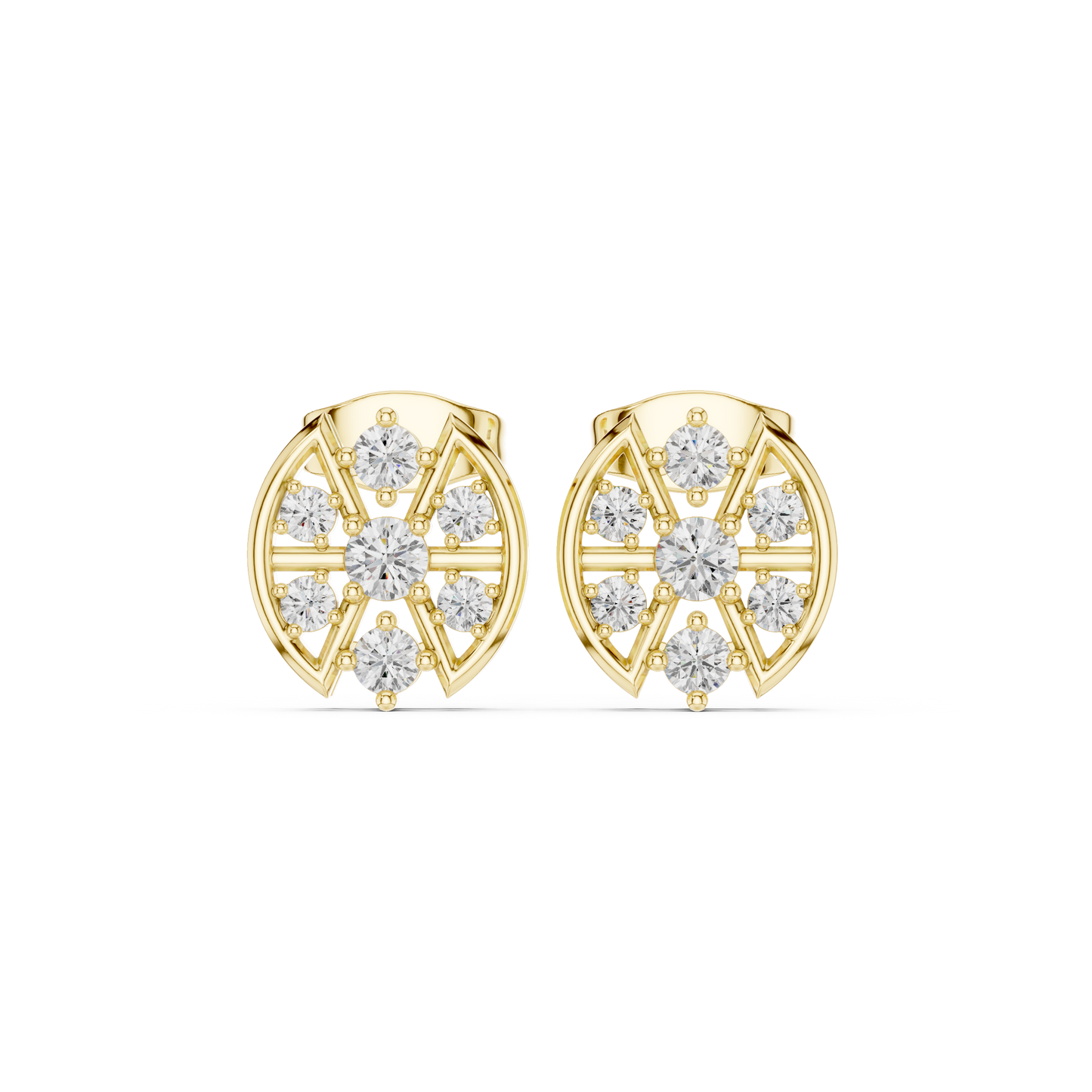 Top Down View Of 14K Gold Floral Cluster Diamond Earrings Highlighting Symmetry And Craftsmanship For Jewelry SEO