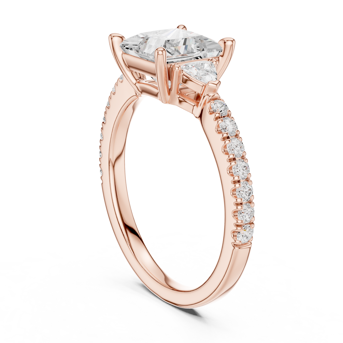Top down aerial perspective of a Princess Cut Lab Diamond Three Stone Ring showcasing precise symmetrical proportions of the 6.50mm center square cut diamond, trillion side gems, and shimmering pave band ideal for modern US buyers looking for high quality eco friendly bridal jewelry.