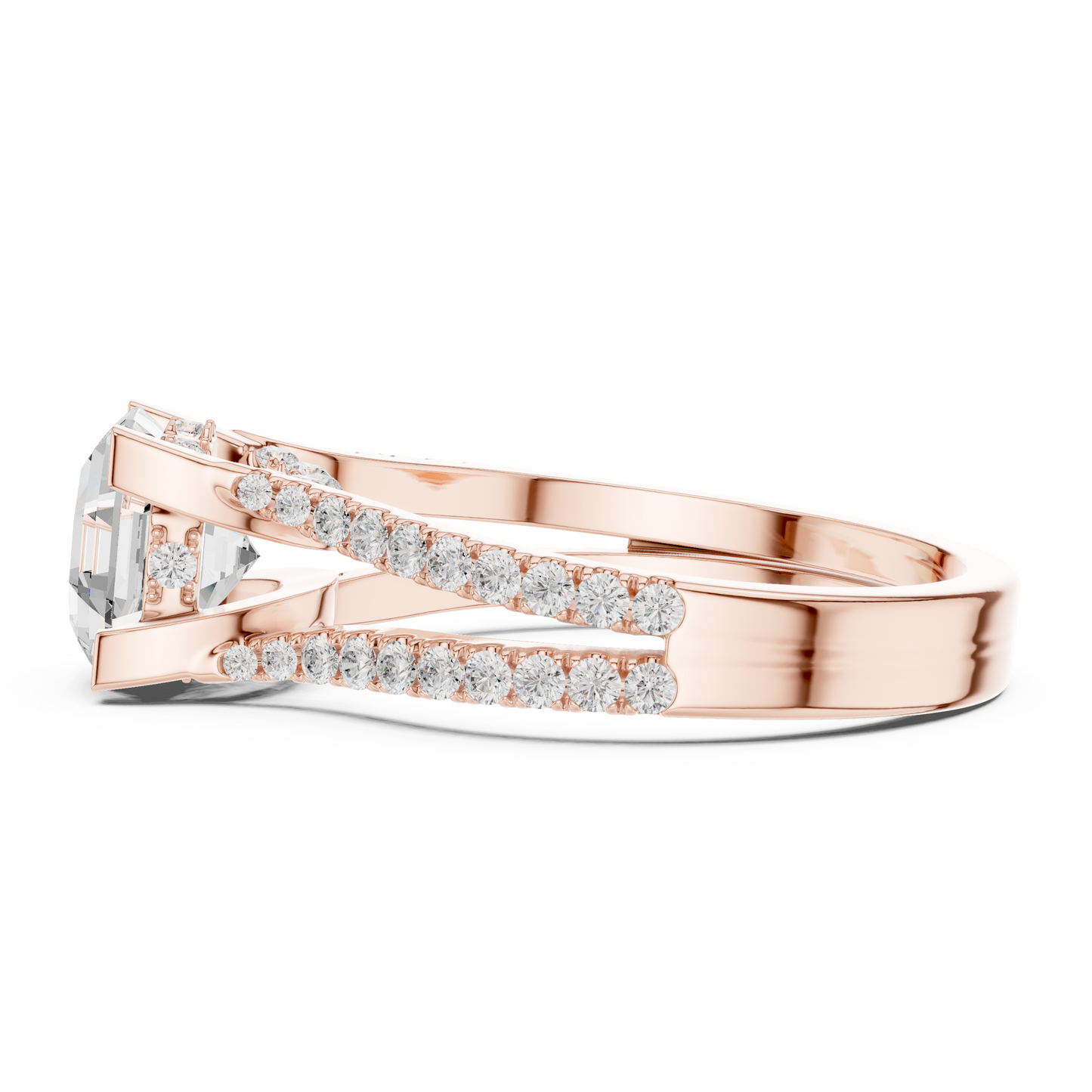 Top down bird eye perspective showing the geometric octagon stone shape and the symmetric pave diamond band layout of this bridal ring