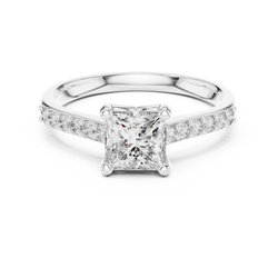 Top down birds eye view detailing the symmetrical alignment of the princess cut lab grown diamond center stone and 12 sparkling round side diamonds along the pave band. Exceptional quality craftsmanship designed by HB Prestige Jewels for discerning international customers.


