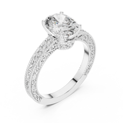 Top down flat lay photo of Oval Lab Diamond Engagement Ring presented inside a velvet ring gift box. Highlighting the complete ring silhouette with centered oval gemstone and surrounding accent stones, perfect for surprise proposals, birthday gifts, and special anniversary celebrations.

