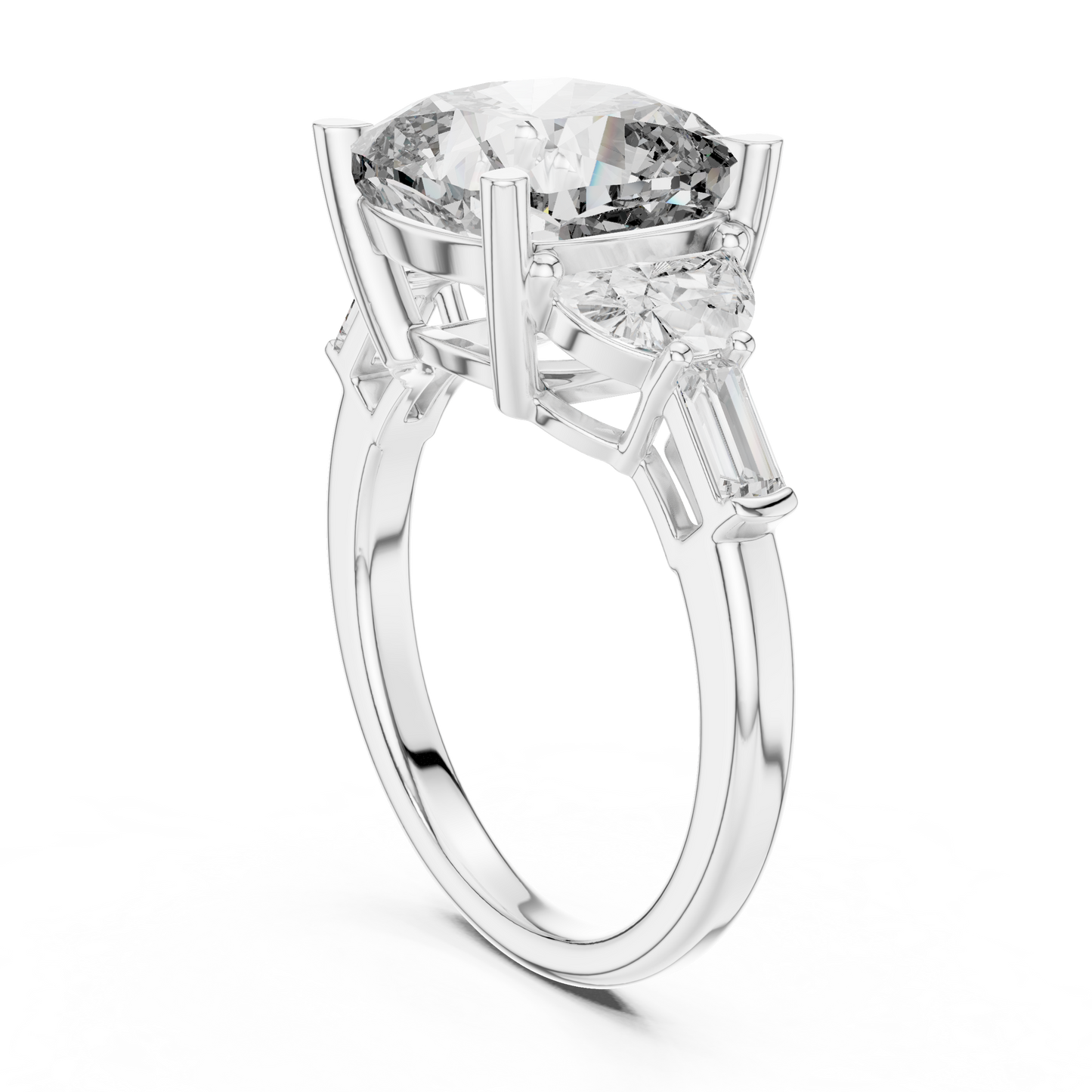 Top down perspective of the engagement ring on a neutral background perfect for Pinterest and social media branding highlighting the symmetry of the 3 stone design and gold band