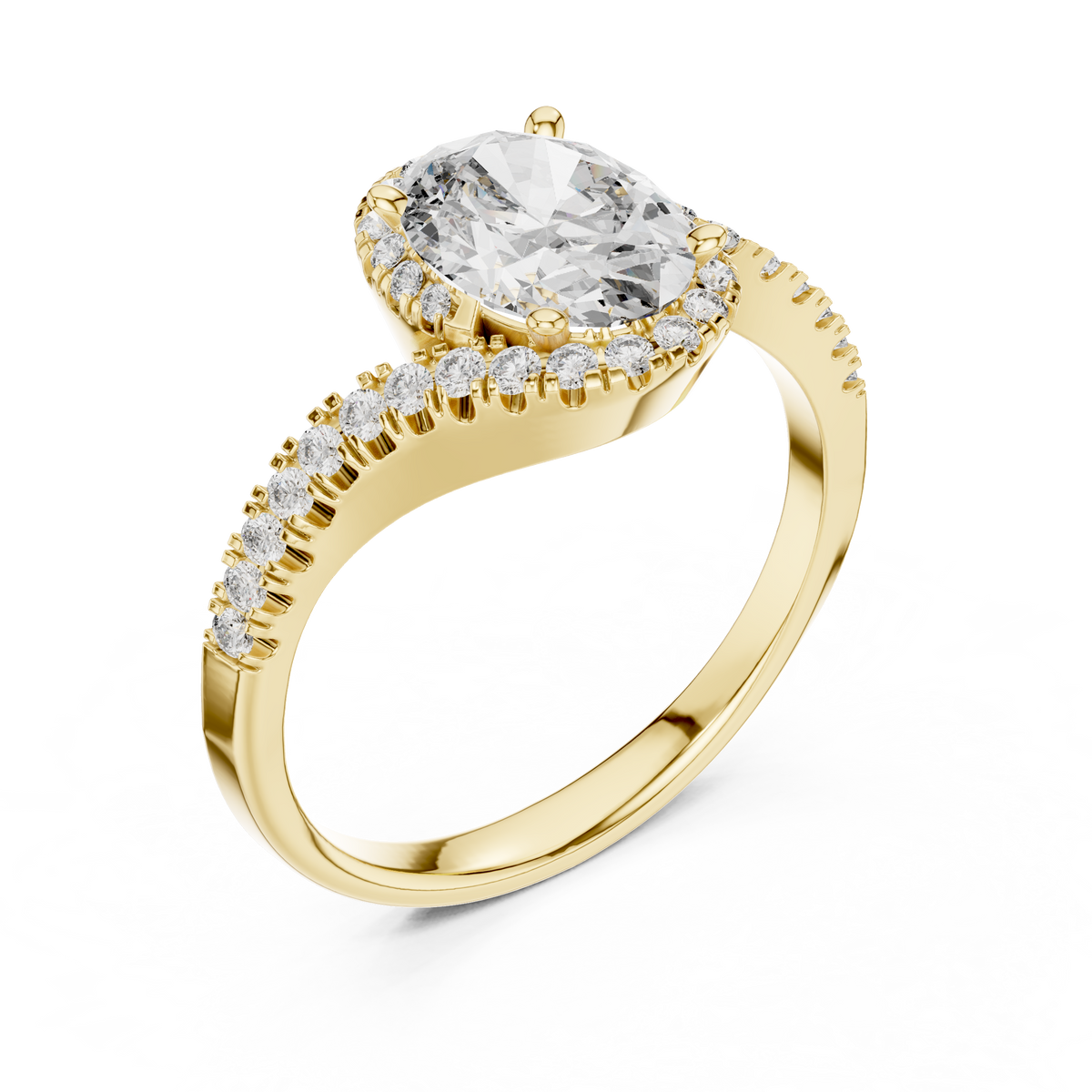 Top down perspective view looking directly at symmetrical 8x6mm oval center stone surrounded by sparkling round pave diamonds on polished gold ring shank.

