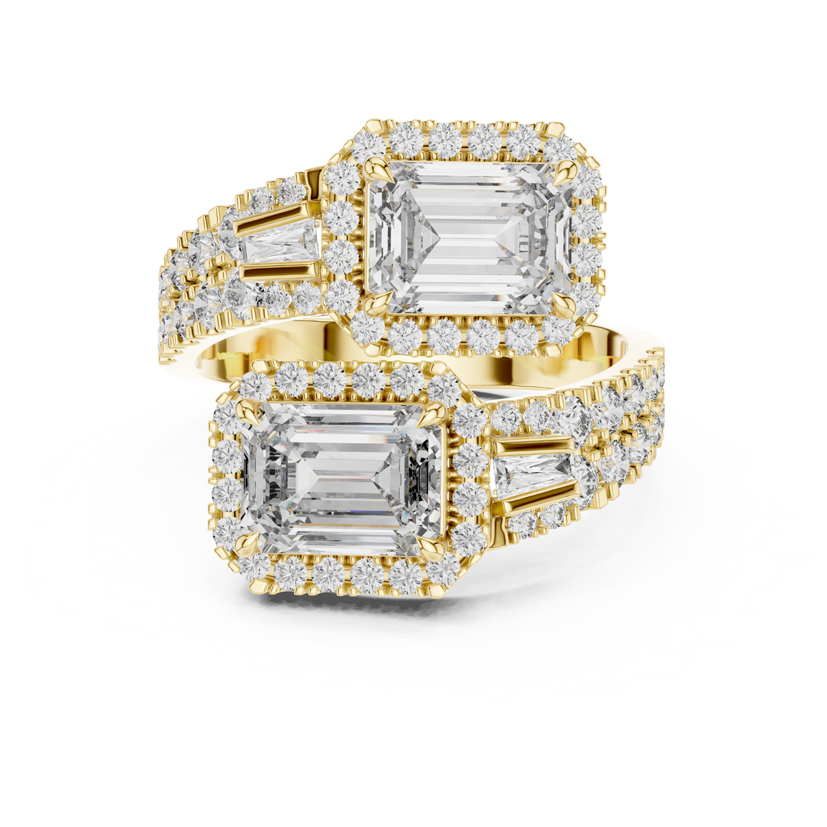 Top down scale measurement view of 14K Gold Lab Diamond Ring showcasing dual 7.5x5.5mm emerald cut stones and 3.68 ct total diamond weight, giving buyers precise visual clarity on size and proportions.