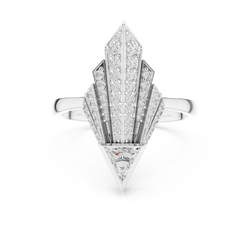 Top down studio angle of the art deco geometric ring crafted in solid 10k 14k and 18k gold with ethical lab grown diamonds. The distinct triangular shape and geometric symmetry present a striking modern statement piece suitable for fine jewelry collectors and bridal jewelry gift seekers.