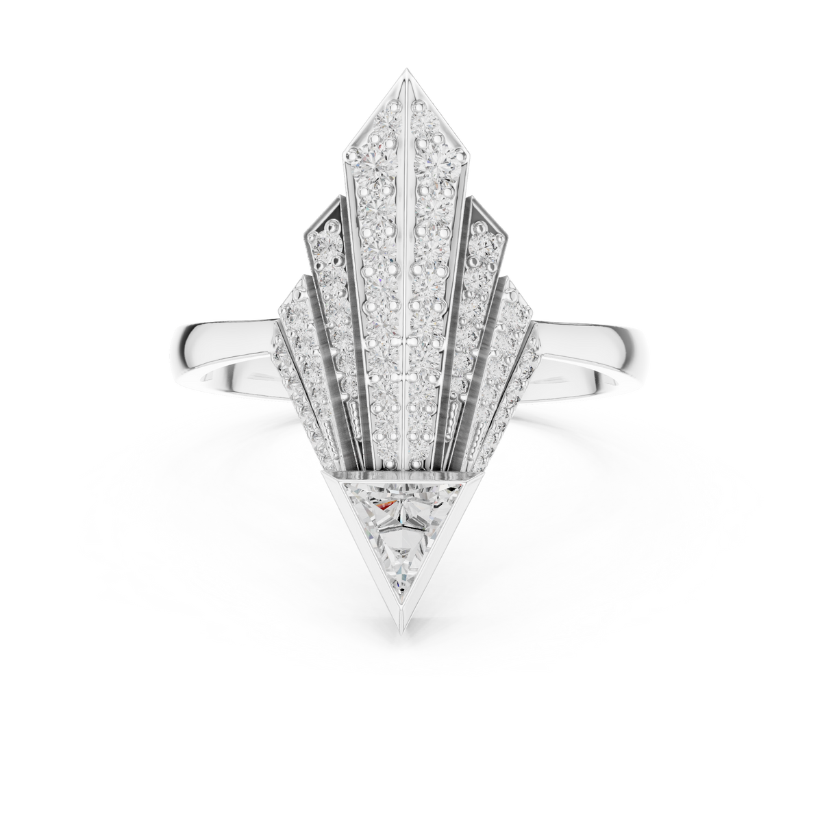 Top down studio angle of the art deco geometric ring crafted in solid 10k 14k and 18k gold with ethical lab grown diamonds. The distinct triangular shape and geometric symmetry present a striking modern statement piece suitable for fine jewelry collectors and bridal jewelry gift seekers.