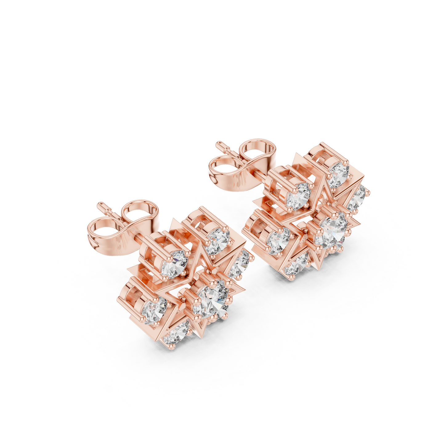 Top down studio shot of elegant Moissanite floral cluster stud earrings set in bright 925 Sterling Silver perfectly polished for a luxury look