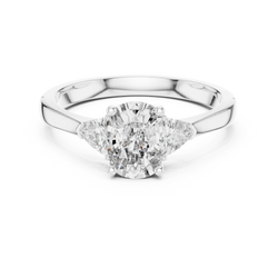 Top down view of the three stone diamond arrangement showing the seamless alignment between the cushion cut center lab diamond and the two accent trillion cut side diamonds in solid 10K 14K 18K gold setting, providing spectacular brilliance and symmetry for fine jewelry collectors and bridal gifts.

