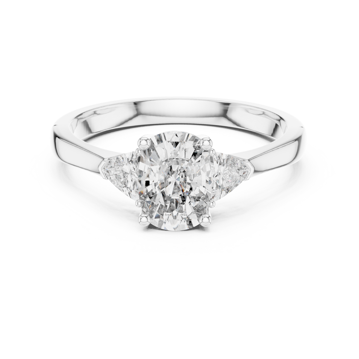 Top down view of the three stone diamond arrangement showing the seamless alignment between the cushion cut center lab diamond and the two accent trillion cut side diamonds in solid 10K 14K 18K gold setting, providing spectacular brilliance and symmetry for fine jewelry collectors and bridal gifts.

