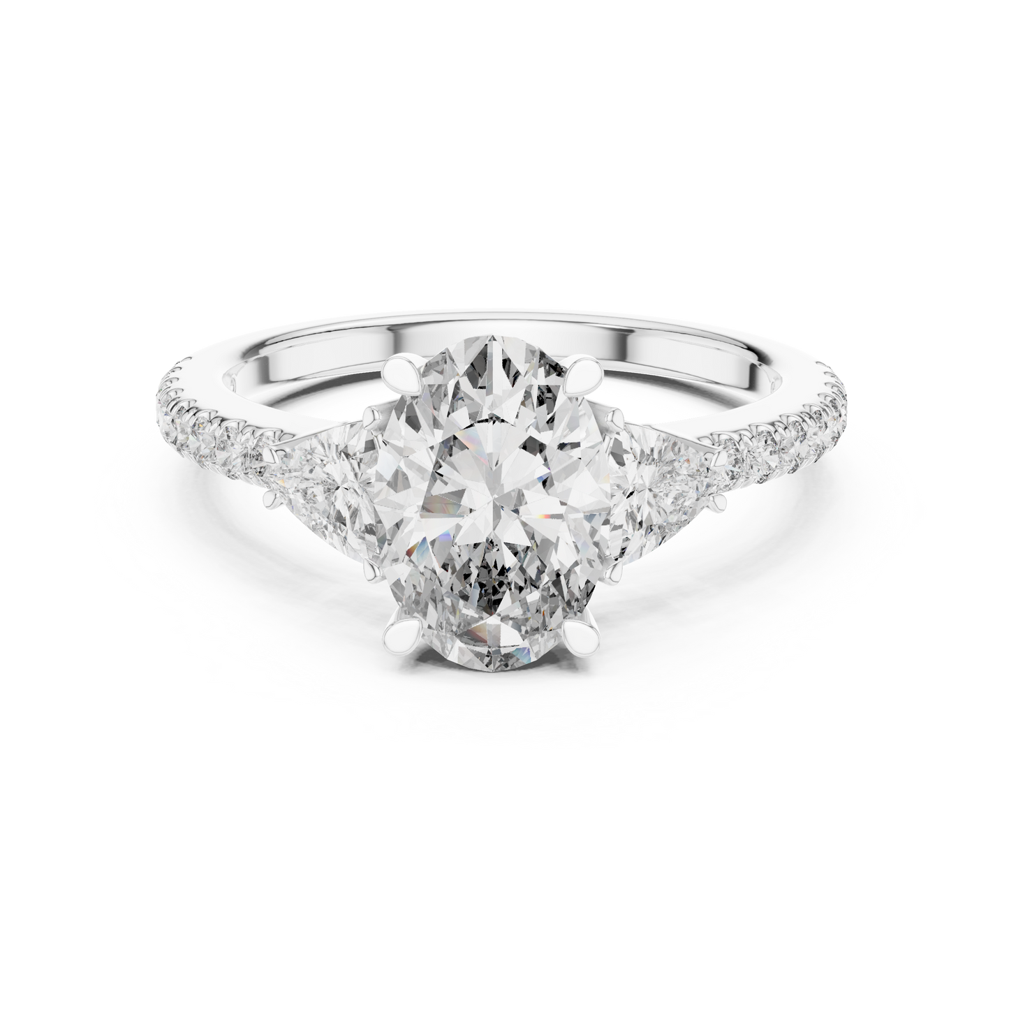 Top down view of the three stone diamond ring showcasing the perfect alignment of the 9.50x6.50mm oval diamond and the precision of the U cut setting style