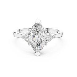 Top down visual showing exact dimensions of 11.00 by 5.50 mm Marquise center stone flanked by 3.75 mm trillion side diamonds in solid 10k 14k 18k gold mounting.

