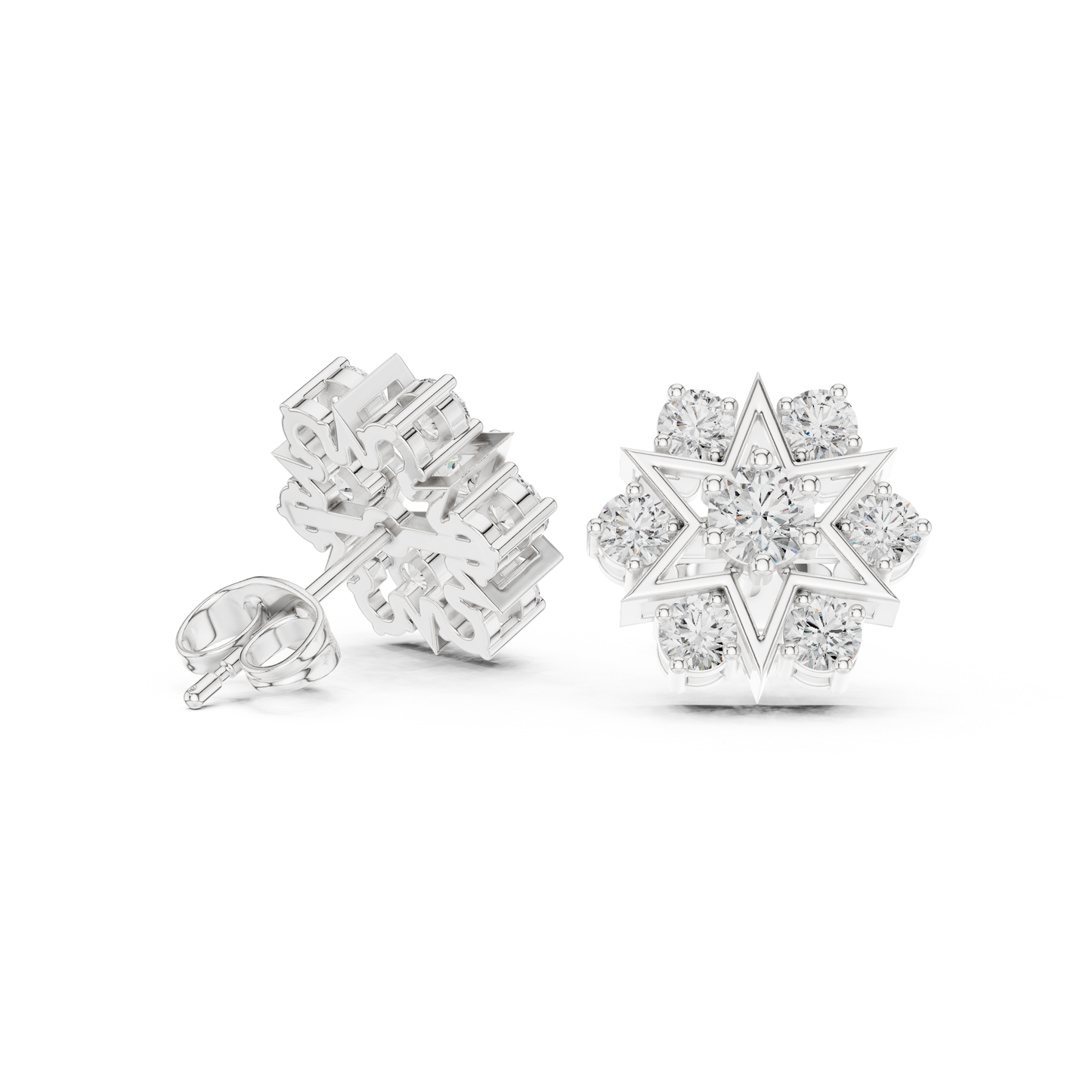 Two stud earrings displayed side by side on a minimalist background showing the perfect symmetry of the cluster floral design