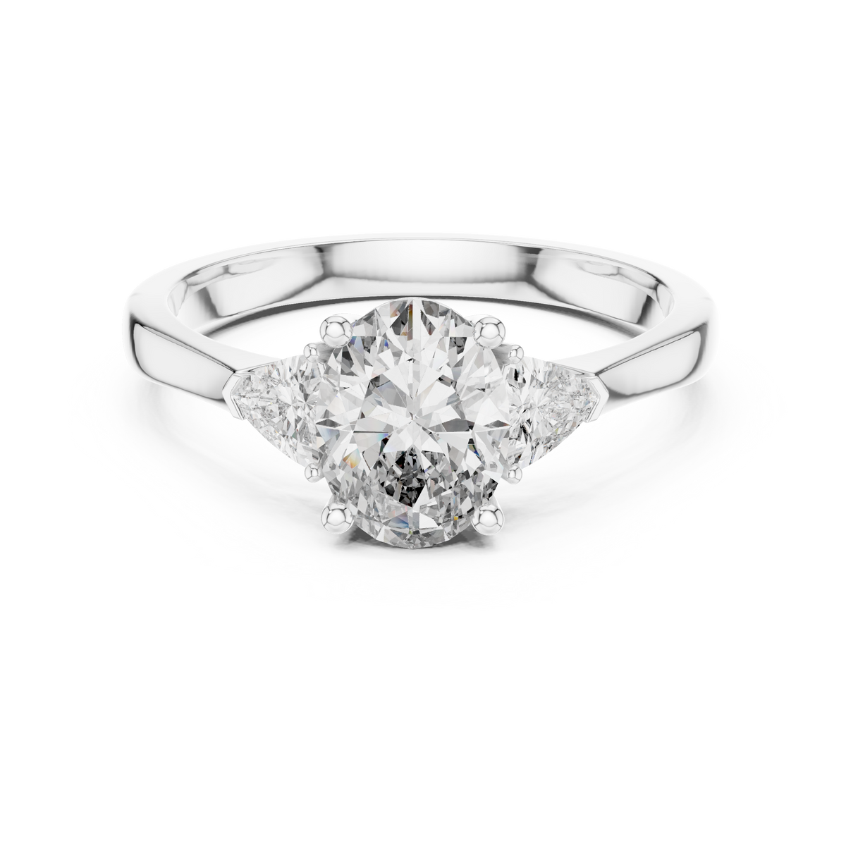 Under gallery detail shot showcasing the comfortable tapered shank design, structural prongs, and internal metal stamp on this handmade 14K solid gold three stone diamond engagement ring.