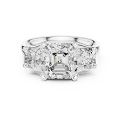 Under gallery detail shot showing the precise gold framework and structural support of the three stone lab diamond engagement ring. Expertly crafted in solid 10K 14K 18K yellow white or rose gold options to ensure durability and comfortable daily wear for stylish brides.