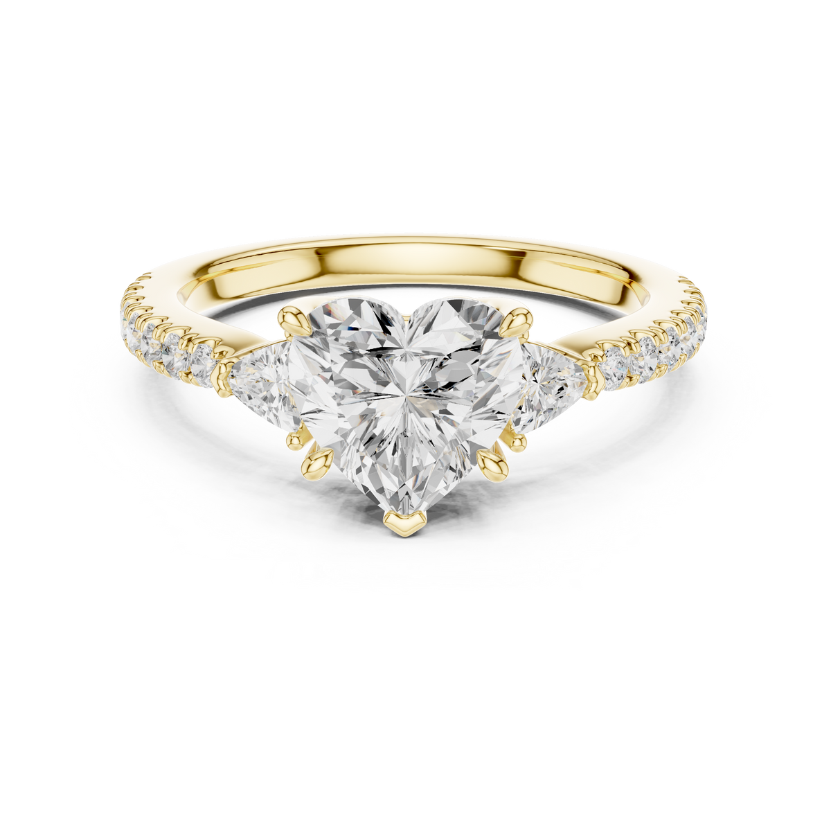 Under gallery structural basket view of heart diamond 3 stone ring showing CAD engineering precision, comfortable band thickness, and solid prong support in 18k gold.