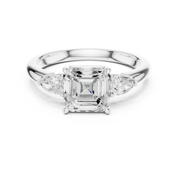 Under gallery structural basket view of three stone Asscher engagement ring showing gold bridge measurements precision cad engineering 1.70mm band depth and 18K hallmark stamp details.