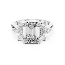 Underside and basket setting view of a handcrafted three stone lab grown diamond engagement ring highlighting precise CAD metal craftsmanship and official 14k gold purity stamp hallmark on internal shank curve.

