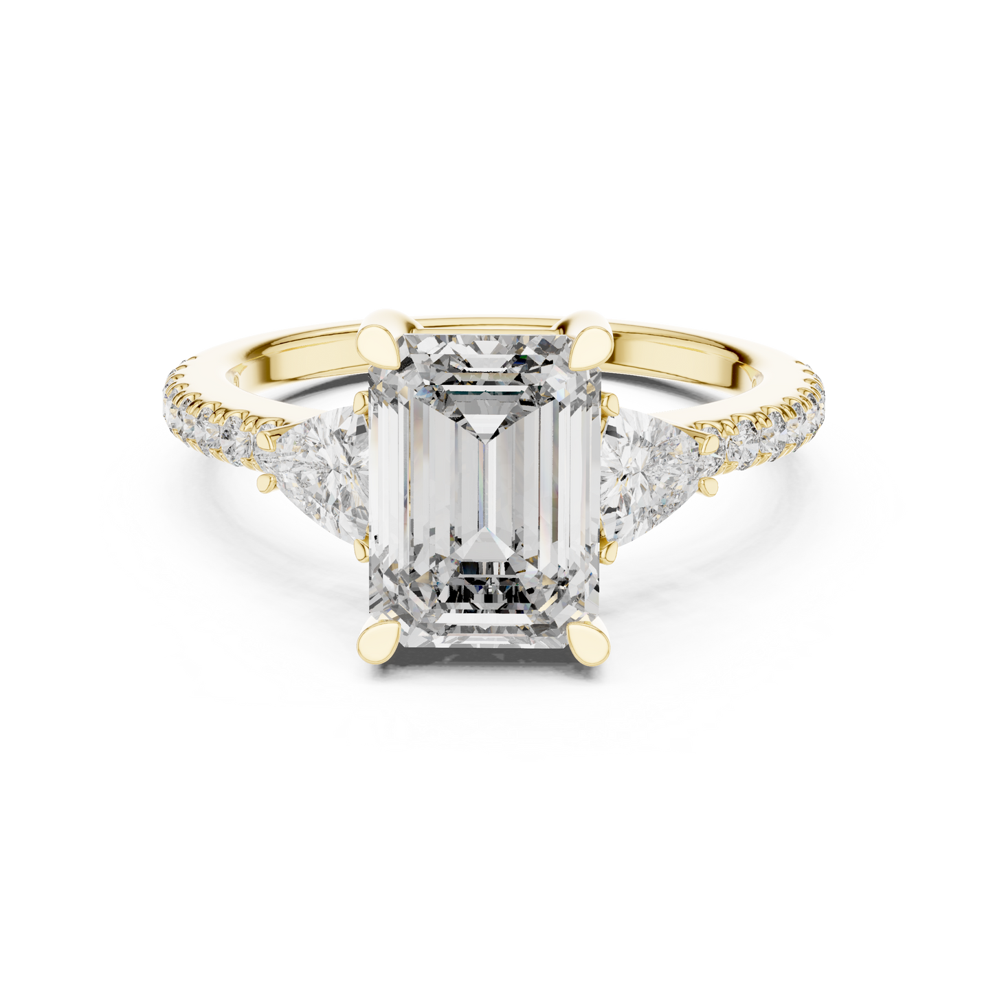 Unique Three Stone Emerald Cut 14K Gold Ring Design With Tapered Shank For Sophisticated Jewelry Enthusiasts USA