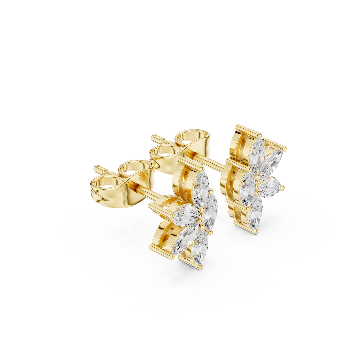 Fine jewelry butterfly cluster earrings showcasing ten marquise lab grown diamonds in a high polish solid gold setting with exceptional brilliance.