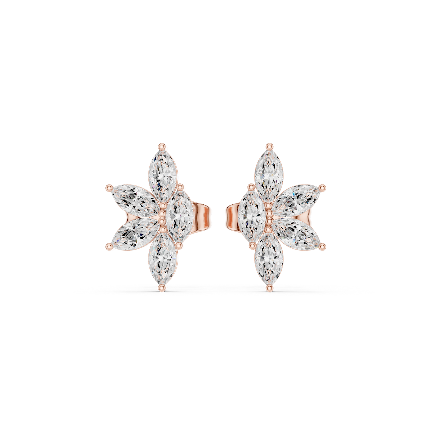 Close-up of handcrafted marquise lab grown diamond butterfly stud earrings in 14K yellow gold featuring an elegant floral cluster setting with brilliant sparkle.