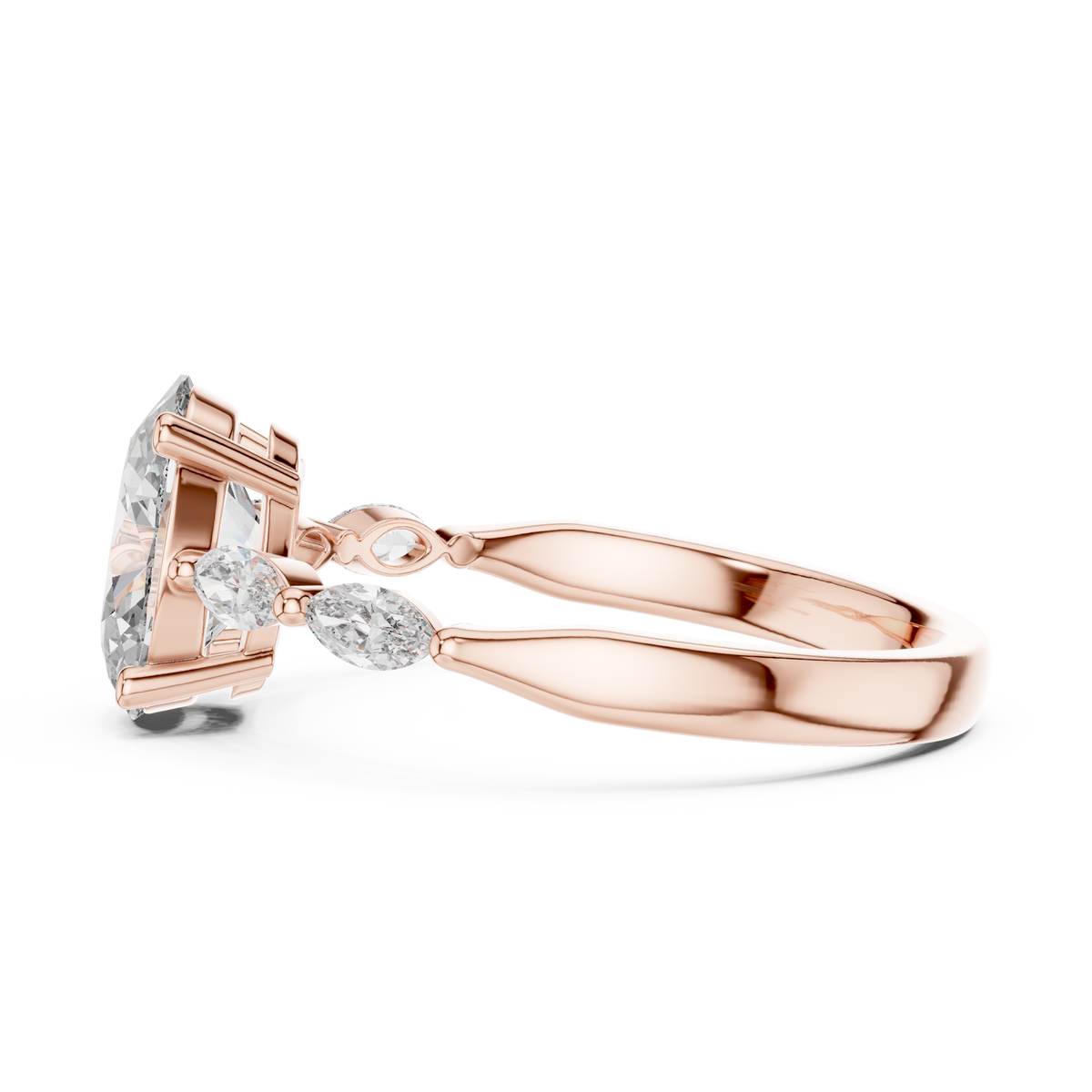 on hand model view of the oval engagement ring showing how the dainty gold band looks on a finger perfect for bridal marketing photography

