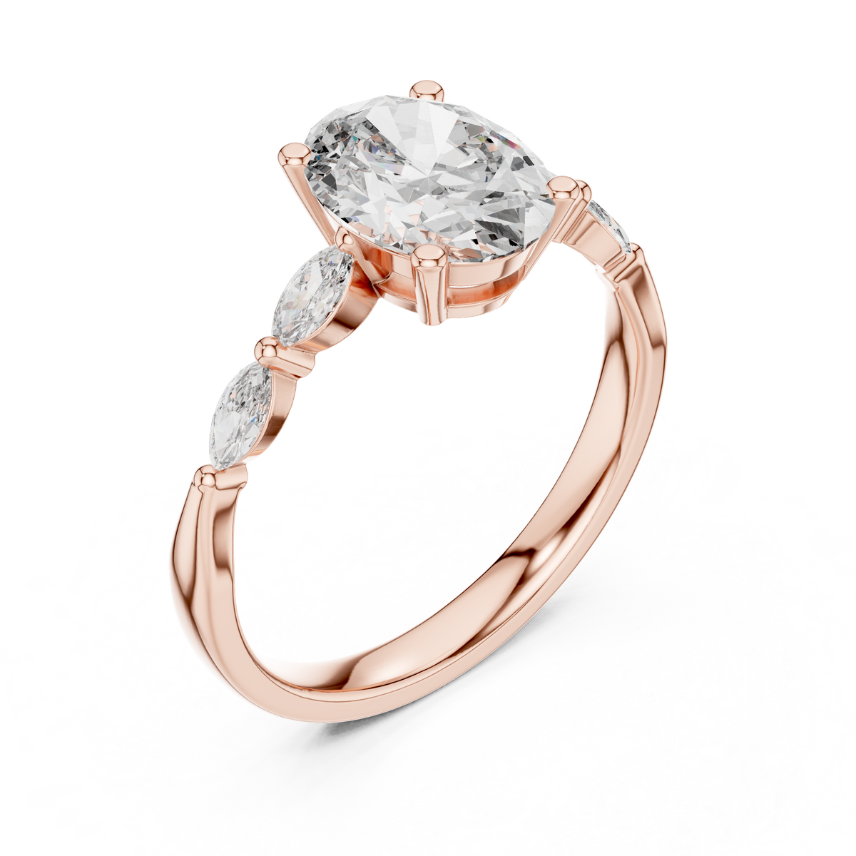 side profile of the 14K gold three stone ring showing the collet setting and the elegant tapered shank design capturing the fine craftsmanship

